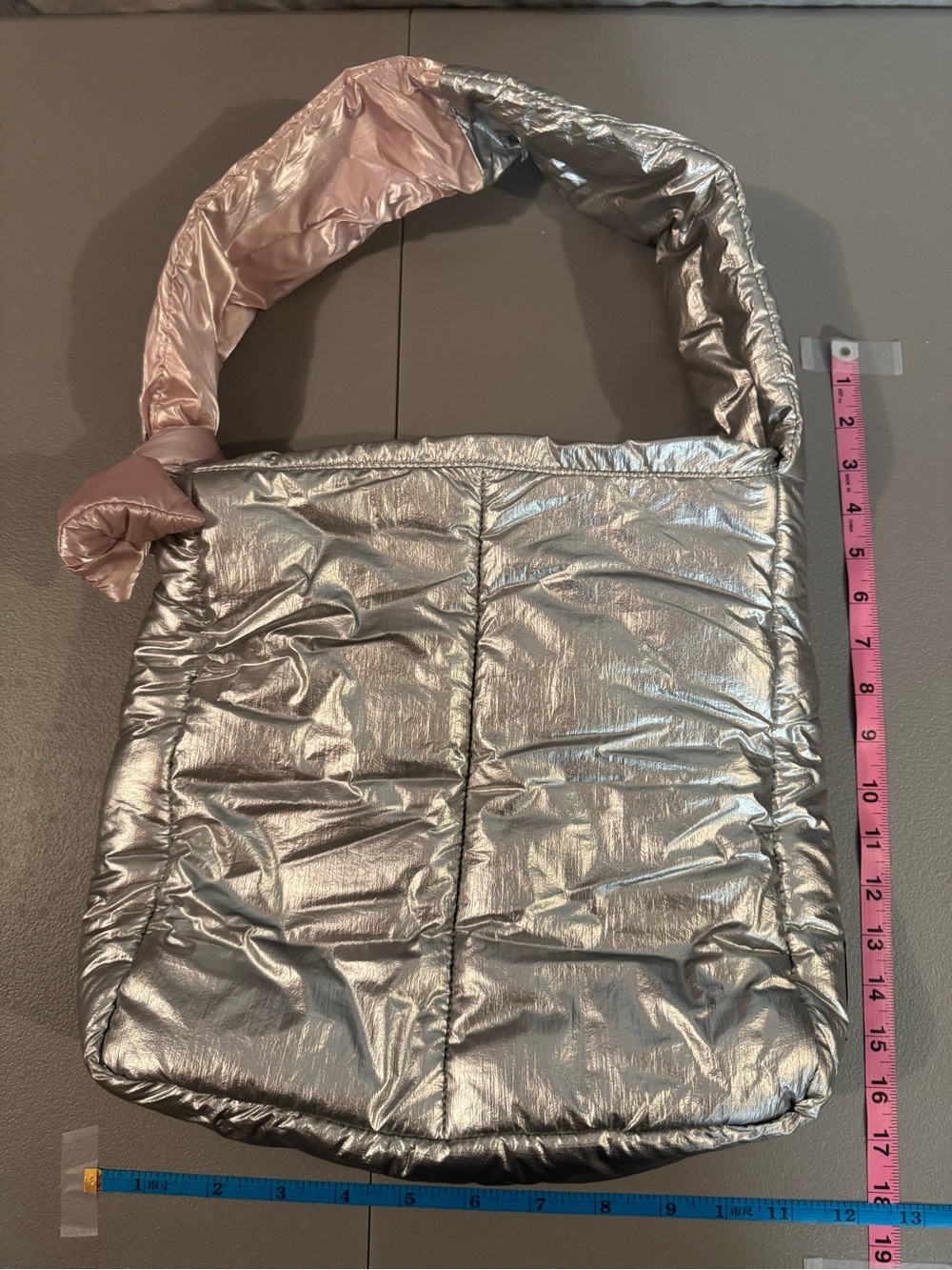 Metallic Silver Quilted Shoulder Bag with Pink Strap